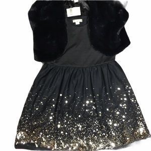 Girls Sequin Navy Faux Fur Formal Holiday Dress